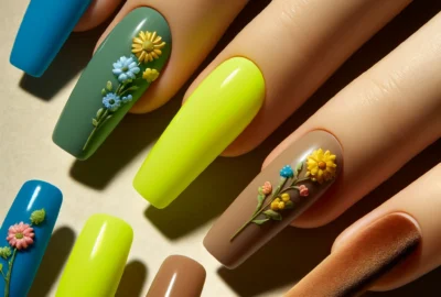 2024 Nail Trend showcasing bright colors and textures with eco-friendly polishes.
