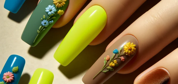 2024 Nail Trend showcasing bright colors and textures with eco-friendly polishes.