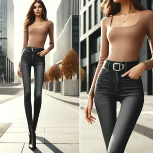 A chic woman in high-waisted skinny jeans and a stylish slim-fit top, epitomizing the Skinny Trend on a city street.