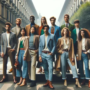 A diverse group of individuals in an urban setting, each dressed in classic, sustainable outfits, embodying the 'No Trend' philosophy of fashion.
