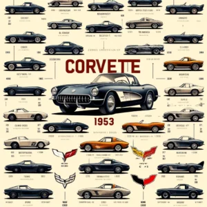 Informative chart displaying the evolution of Chevrolet Corvette models from 1953 to the present, highlighting key design features and changes across generations