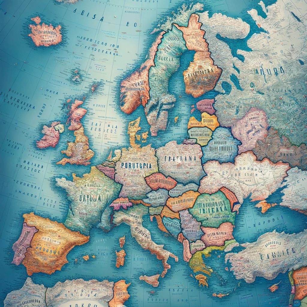 Detailed digital map of Europe with countries, capitals, and political boundaries as seen on Google Maps.
