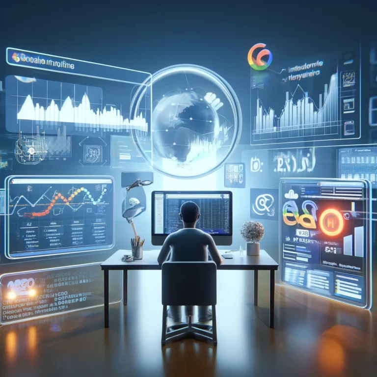 A professional analyzing web data on Google Analytics, surrounded by digital marketing tools, with a focus on SEO and keywords.