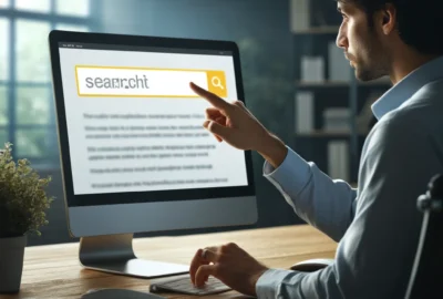 A focused individual at a modern desk using a computer to search for specific text on a webpage, symbolizing efficient information retrieval on YouTube.