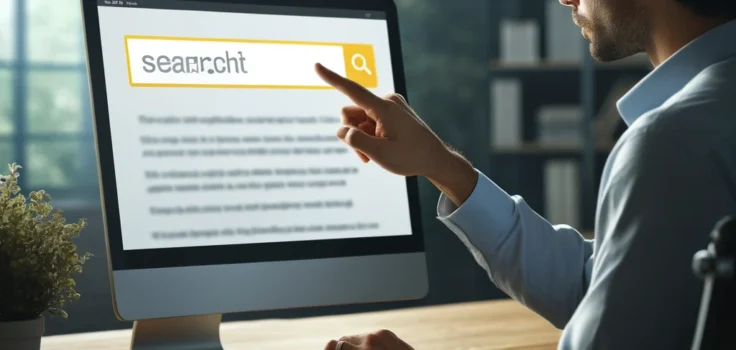 A focused individual at a modern desk using a computer to search for specific text on a webpage, symbolizing efficient information retrieval on YouTube.
