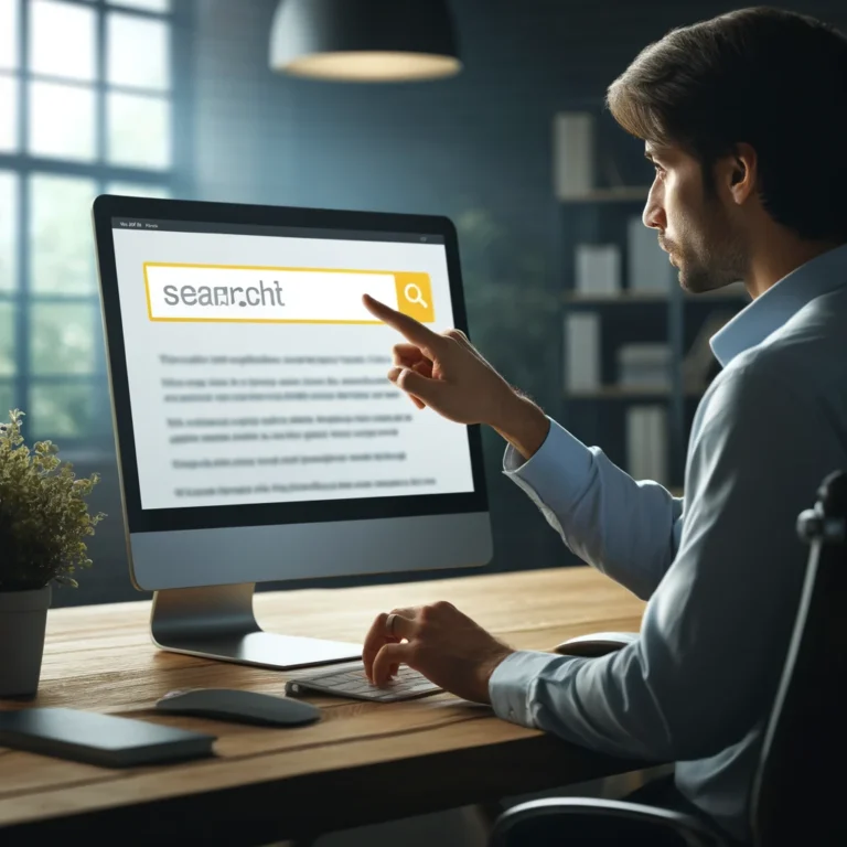 A focused individual at a modern desk using a computer to search for specific text on a webpage, symbolizing efficient information retrieval on YouTube.