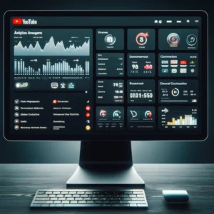 Digital representation of YouTube Dashboard on a desktop, featuring sections like Analytics and Video Management.