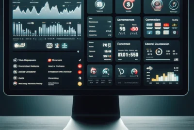 Digital representation of YouTube Dashboard on a desktop, featuring sections like Analytics and Video Management.