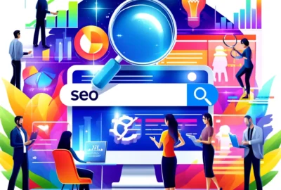 Illustration of digital marketing professionals optimizing web content with a focus on strategic keyword usage, featuring a vibrant depiction of SEO elements.