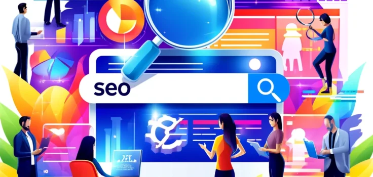 Illustration of digital marketing professionals optimizing web content with a focus on strategic keyword usage, featuring a vibrant depiction of SEO elements.