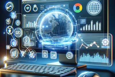 Digital depiction of SEO analytics and keyword ranking using Google APIs on a computer screen.