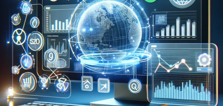 Digital depiction of SEO analytics and keyword ranking using Google APIs on a computer screen.