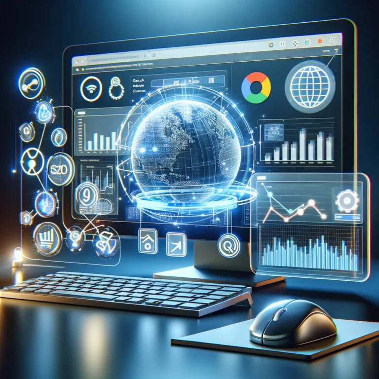 Digital depiction of SEO analytics and keyword ranking using Google APIs on a computer screen.