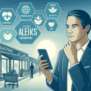 An illustration of a modern shopper using a smartphone with icons representing ethical shopping aspects, such as environmental sustainability and cruelty-free products, in a shopping environment.