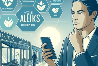 An illustration of a modern shopper using a smartphone with icons representing ethical shopping aspects, such as environmental sustainability and cruelty-free products, in a shopping environment.