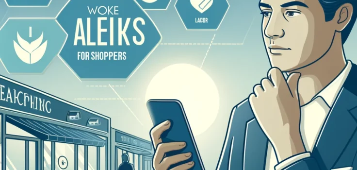 An illustration of a modern shopper using a smartphone with icons representing ethical shopping aspects, such as environmental sustainability and cruelty-free products, in a shopping environment.