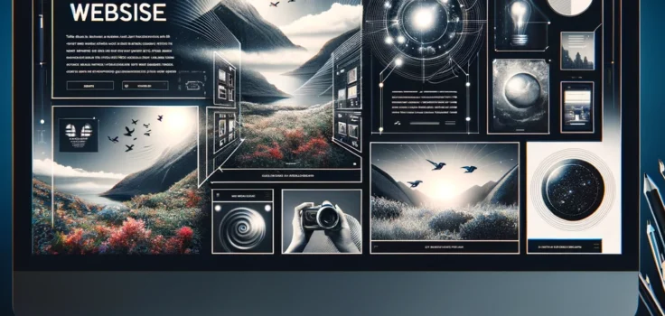 A computer screen displaying a web design layout that skillfully blends images and text, illustrating the effective use of visuals in website development.