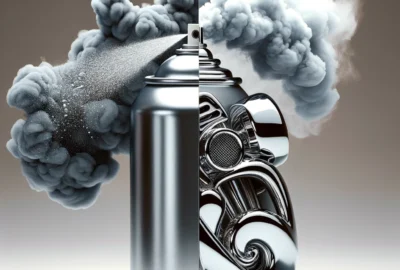 Conceptual representation of the dual meanings of chroming: the dangerous practice of inhaling chemical vapors and the elegant use of chrome finishes in design.