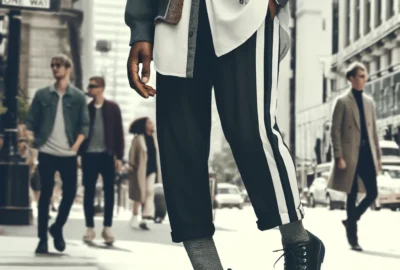 A fashionable and modern depiction of the Tights as Pants Trend, showing a model in urban attire confidently wearing stylish tights with trendy accessories.