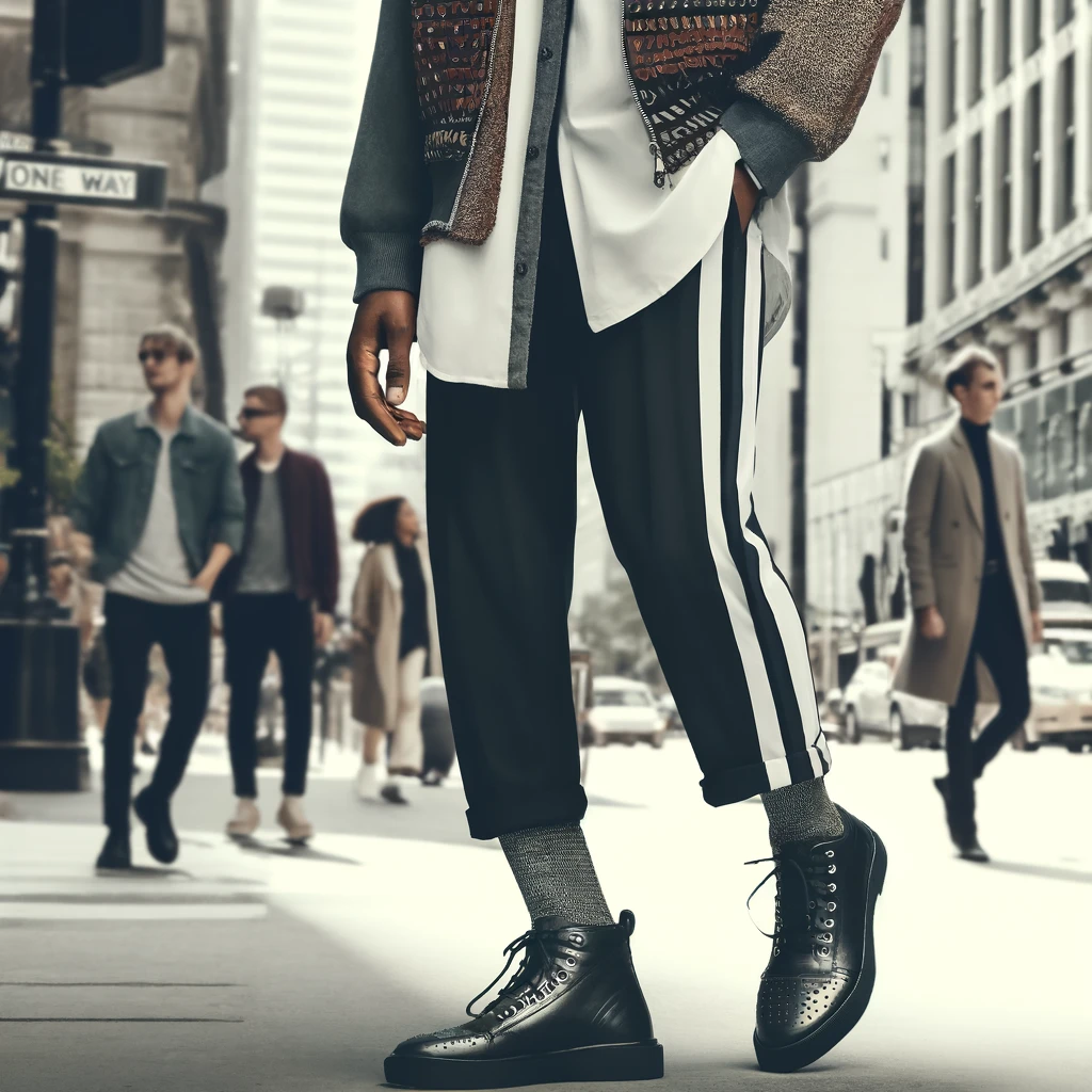 A fashionable and modern depiction of the Tights as Pants Trend, showing a model in urban attire confidently wearing stylish tights with trendy accessories.