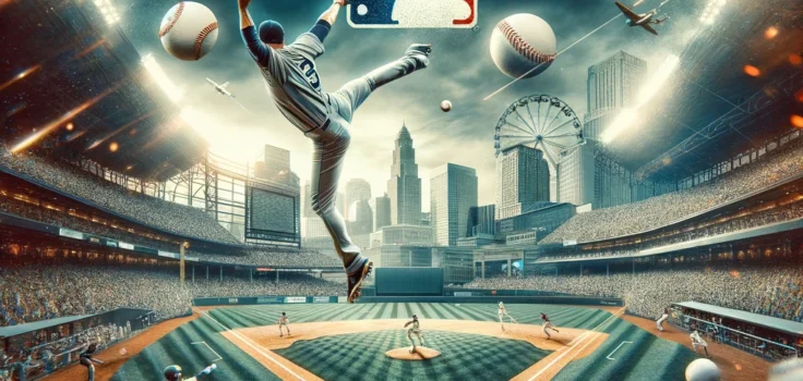 Dynamic action shot from an MLB game showcasing a pitcher, batter, and fielders with a packed stadium in the background.