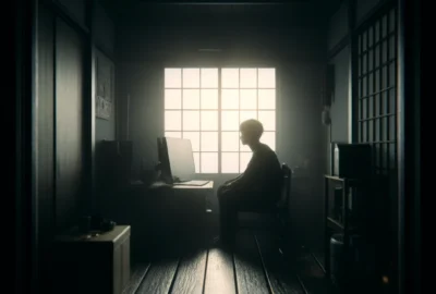 A solitary figure in a dimly lit room, embodying the isolation and introspection of the Hikikomori lifestyle.