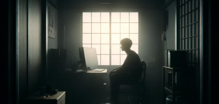 A solitary figure in a dimly lit room, embodying the isolation and introspection of the Hikikomori lifestyle.
