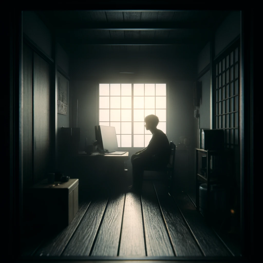 A solitary figure in a dimly lit room, embodying the isolation and introspection of the Hikikomori lifestyle.