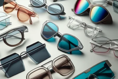 A modern and eclectic array of 2024's trendy sunglasses, featuring retro-inspired frames, bold colors, and futuristic designs