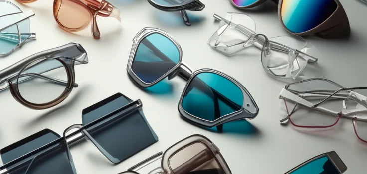 A modern and eclectic array of 2024's trendy sunglasses, featuring retro-inspired frames, bold colors, and futuristic designs