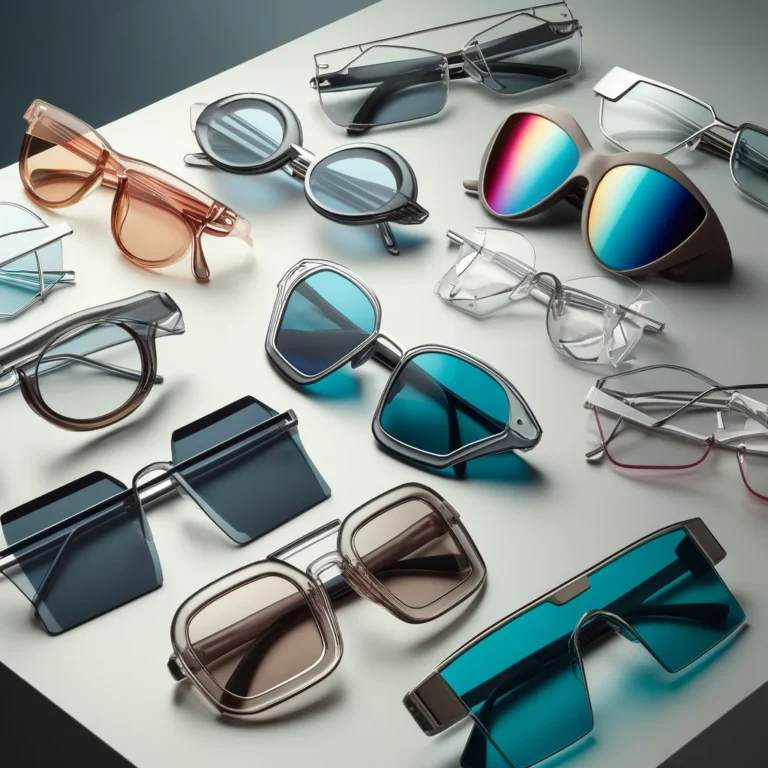 A modern and eclectic array of 2024's trendy sunglasses, featuring retro-inspired frames, bold colors, and futuristic designs