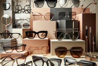 Fashion-forward display of 2024's contemporary glasses, highlighting minimalist, bold, and geometric frames in a stylish arrangement.