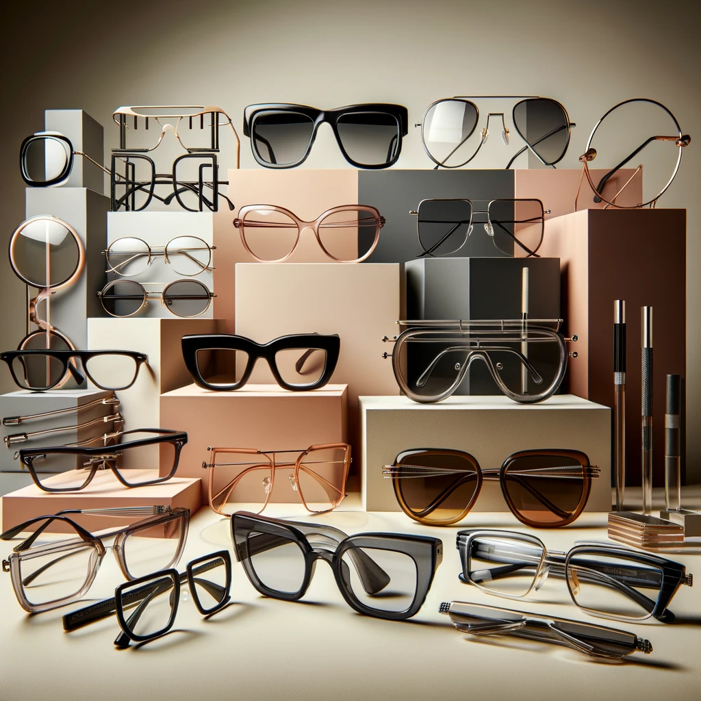 Fashion-forward display of 2024's contemporary glasses, highlighting minimalist, bold, and geometric frames in a stylish arrangement.