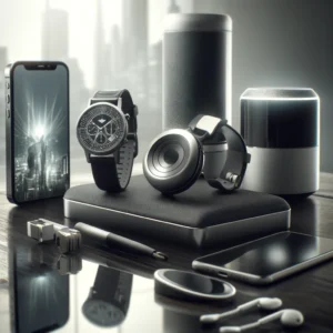 Modern tech gadgets arranged on a table, reflecting a lifestyle-oriented setup with a smartphone, smartwatch, and portable speaker.