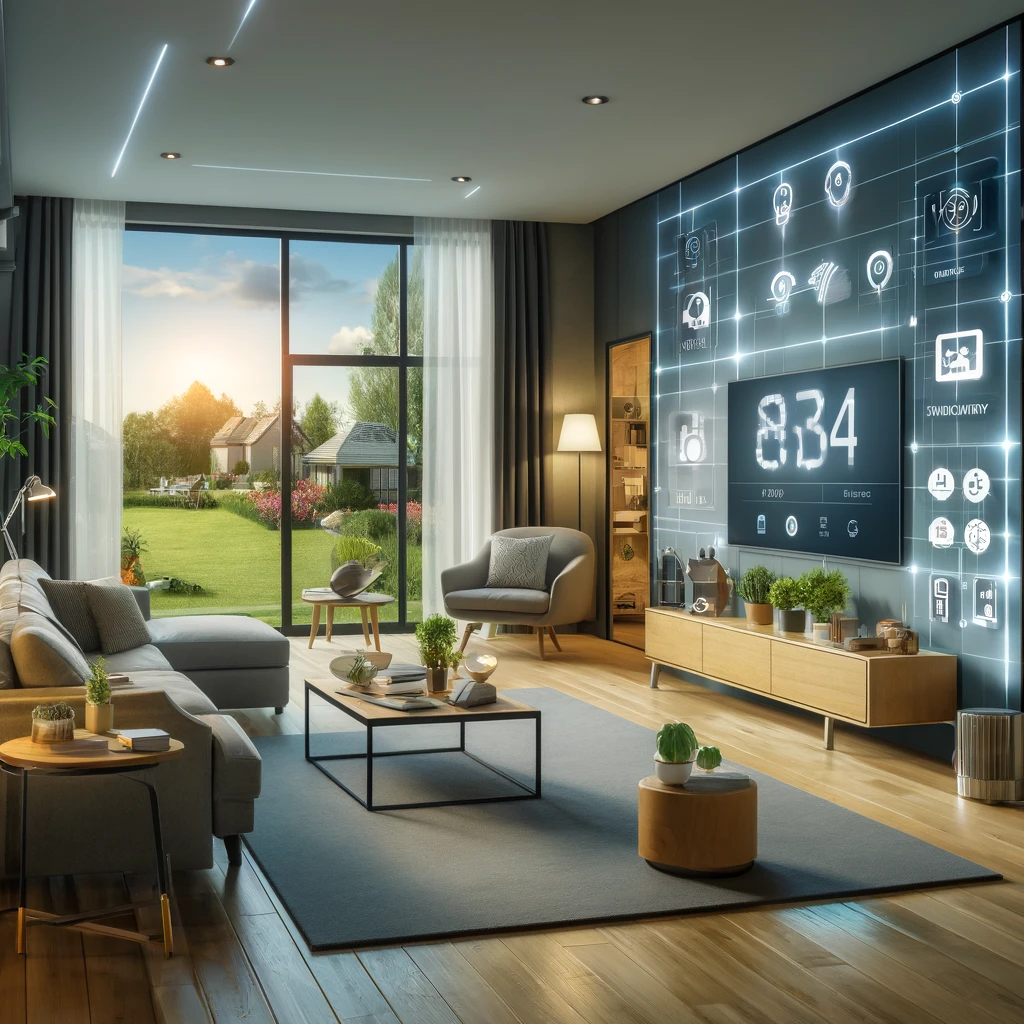 A modern living room in 2024, featuring the latest tech upgrades like smart home devices, an advanced security system, and energy-efficient solutions integrated seamlessly into the home environment.