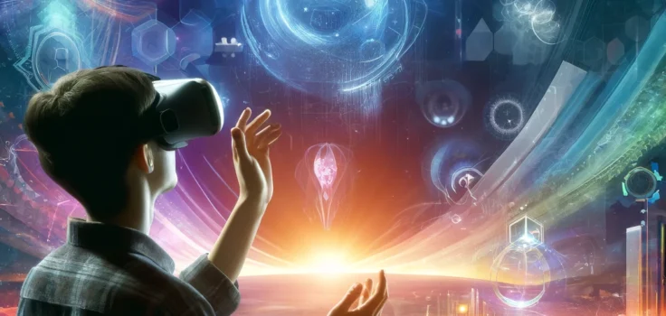 A person immersed in a virtual reality experience, exploring a digital landscape with a VR headset.