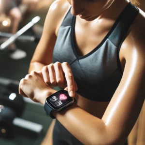 A fitness enthusiast checking health metrics on a high-tech smartwatch during a workout session.