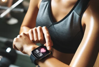 A fitness enthusiast checking health metrics on a high-tech smartwatch during a workout session.