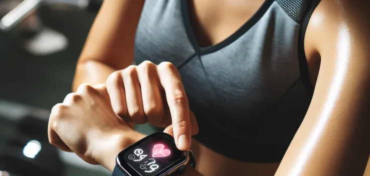 A fitness enthusiast checking health metrics on a high-tech smartwatch during a workout session.
