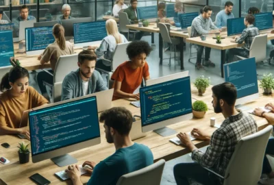 A diverse group of developers coding on computers, showcasing various popular programming languages.