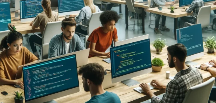 A diverse group of developers coding on computers, showcasing various popular programming languages.