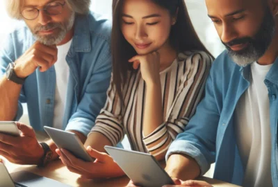 People comparing tech products on different devices to find the best online deals.