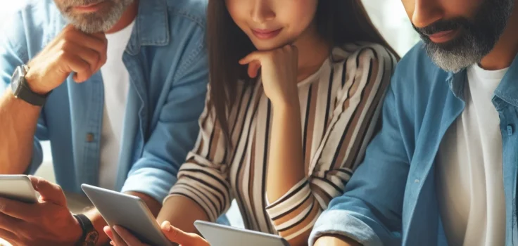 People comparing tech products on different devices to find the best online deals.