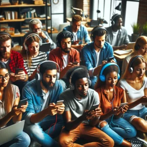 A diverse group of people listening to tech podcasts on various devices, engaging with the latest technology trends and insights.