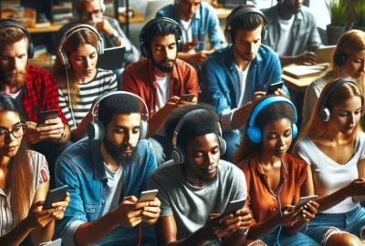 A diverse group of people listening to tech podcasts on various devices, engaging with the latest technology trends and insights.