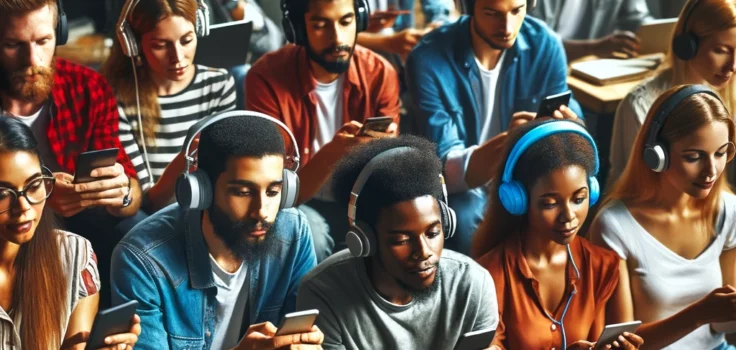 A diverse group of people listening to tech podcasts on various devices, engaging with the latest technology trends and insights.