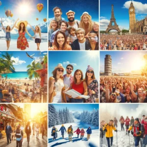 Diverse tourists enjoying Europe's top destinations across different seasons, showcasing the unique beauty and cultural events each season offers.