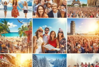 Diverse tourists enjoying Europe's top destinations across different seasons, showcasing the unique beauty and cultural events each season offers.