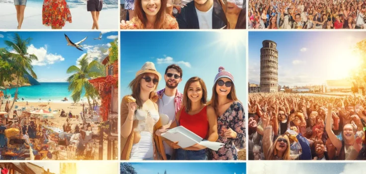 Diverse tourists enjoying Europe's top destinations across different seasons, showcasing the unique beauty and cultural events each season offers.