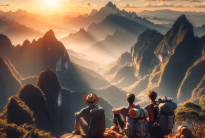 Backpackers enjoying a scenic view from a mountain peak in Asia, illustrating budget-friendly travel.